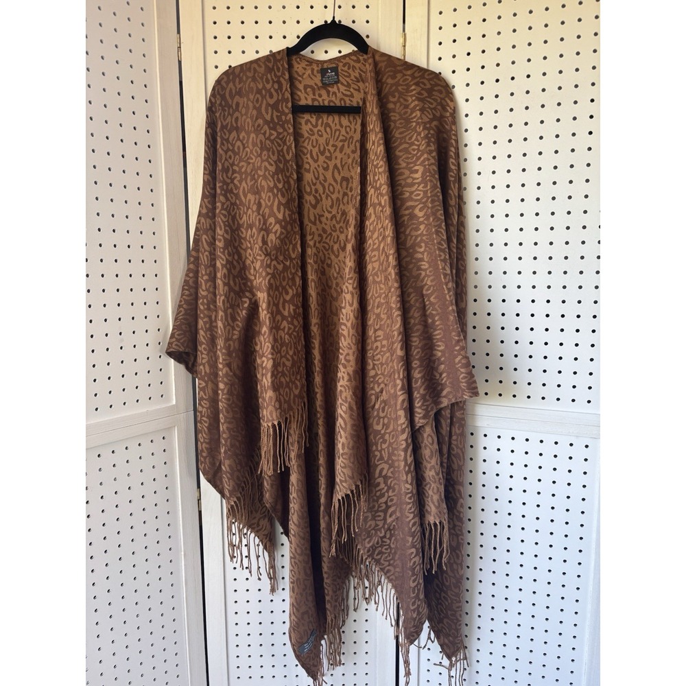 V Fraas Open Front Shawl Cardigan Leopard Cheetah Brown Fringe One Size Women's